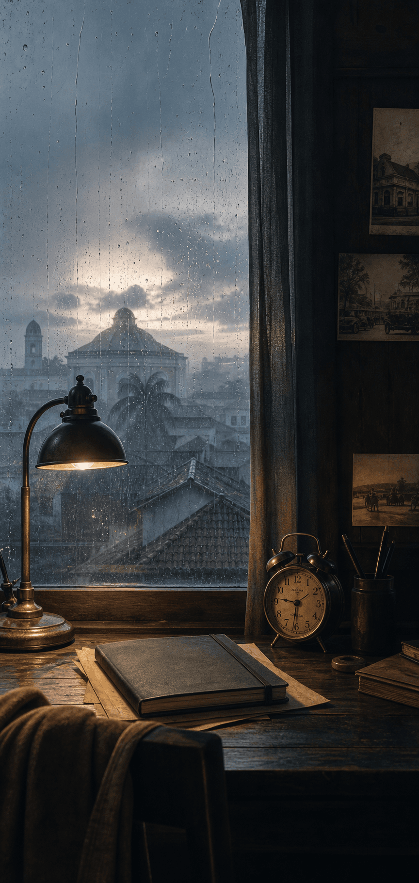 A rainy Indonesian window at dawn, a desk lamp, an old clock, and a closed notebook.
